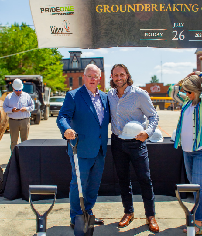 CSB lender Brian with customer at groundbreaking ceremony event for Legacy Hotel