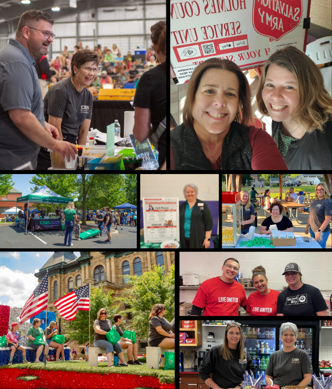 Collage of CSB employees at community events, parades, and volunteer activities.
