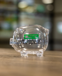 Clear CSB piggy bank sitting on a table.